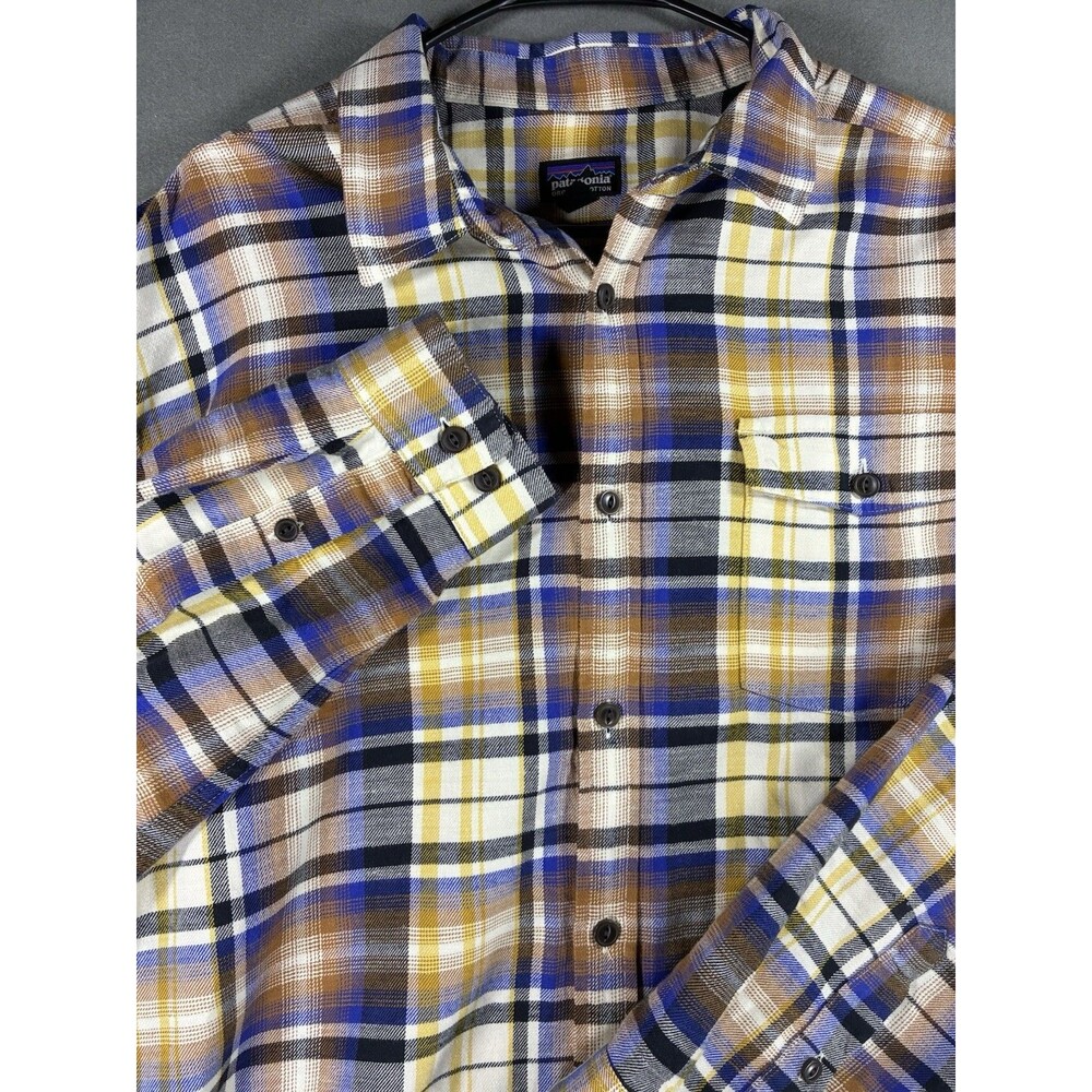 Patagonia Organic Cotton Plaid Flannel Shirt Men’s XL Blue Yellow Brown